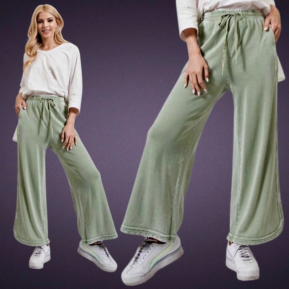 EASEL "So Comfy" Side Seams Scooped Hem Wide Leg Mineral Washed Pants Drawstring - Picture 4 of 16